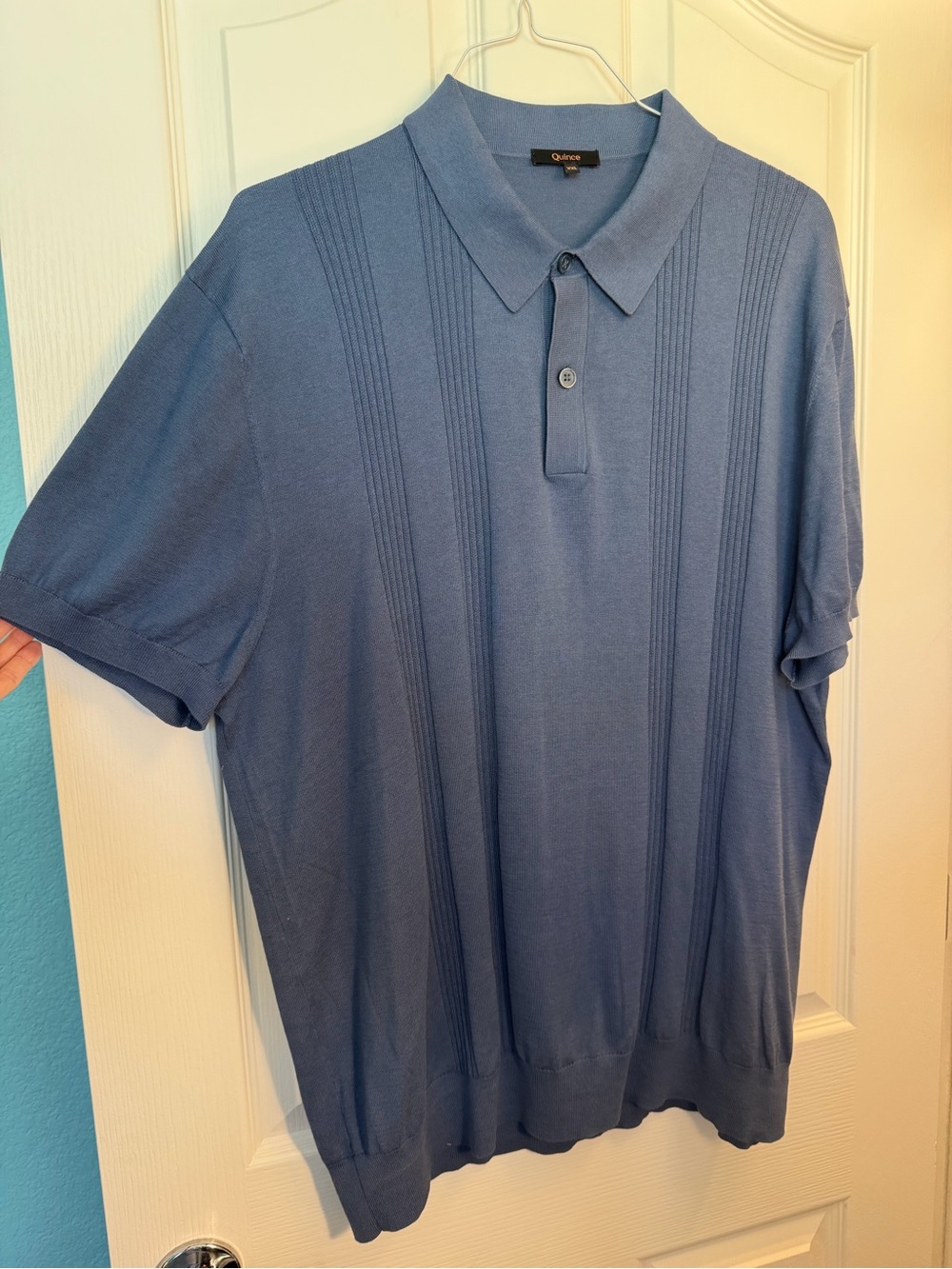 Quince Men’s Blue Knit Polo with Textured Rib Stripes